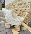 Wicker Doll Pram - Wooden Handle "White"