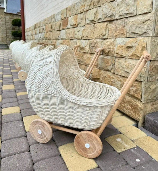 Wicker Doll Pram - Wooden Handle "White"