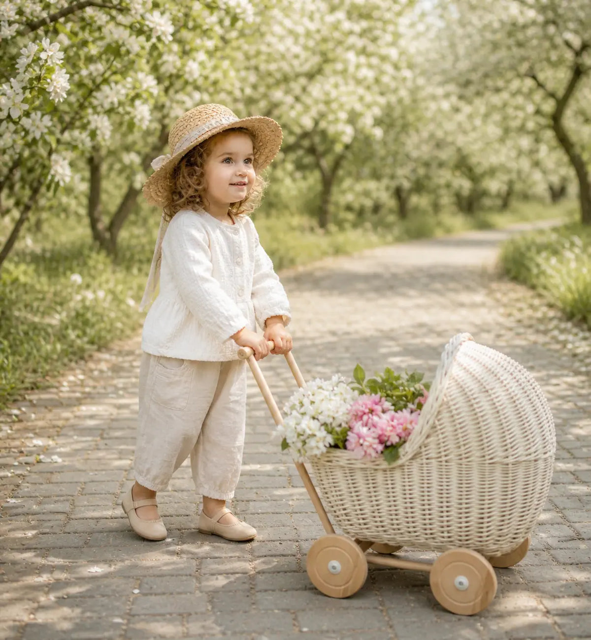 Wicker Doll Pram - Wooden Handle "White"