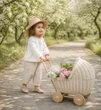 Wicker Doll Pram - Wooden Handle "White"