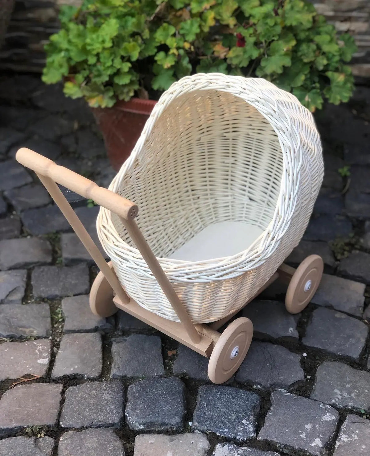 Wicker Doll Pram - Wooden Handle "White"